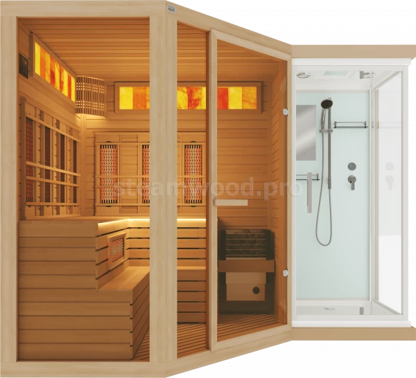Четырехместная угловая комбинированная сауна Comfort  из кедра с Душевой кабиной